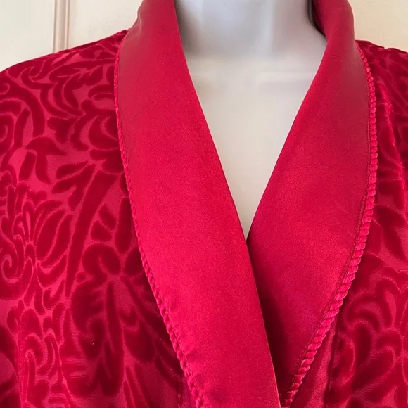 Velvet Burnout Satin Wrap Robe Long Shawl Collar Belt Pockets Women M Red Floral - Picture 6 of 17